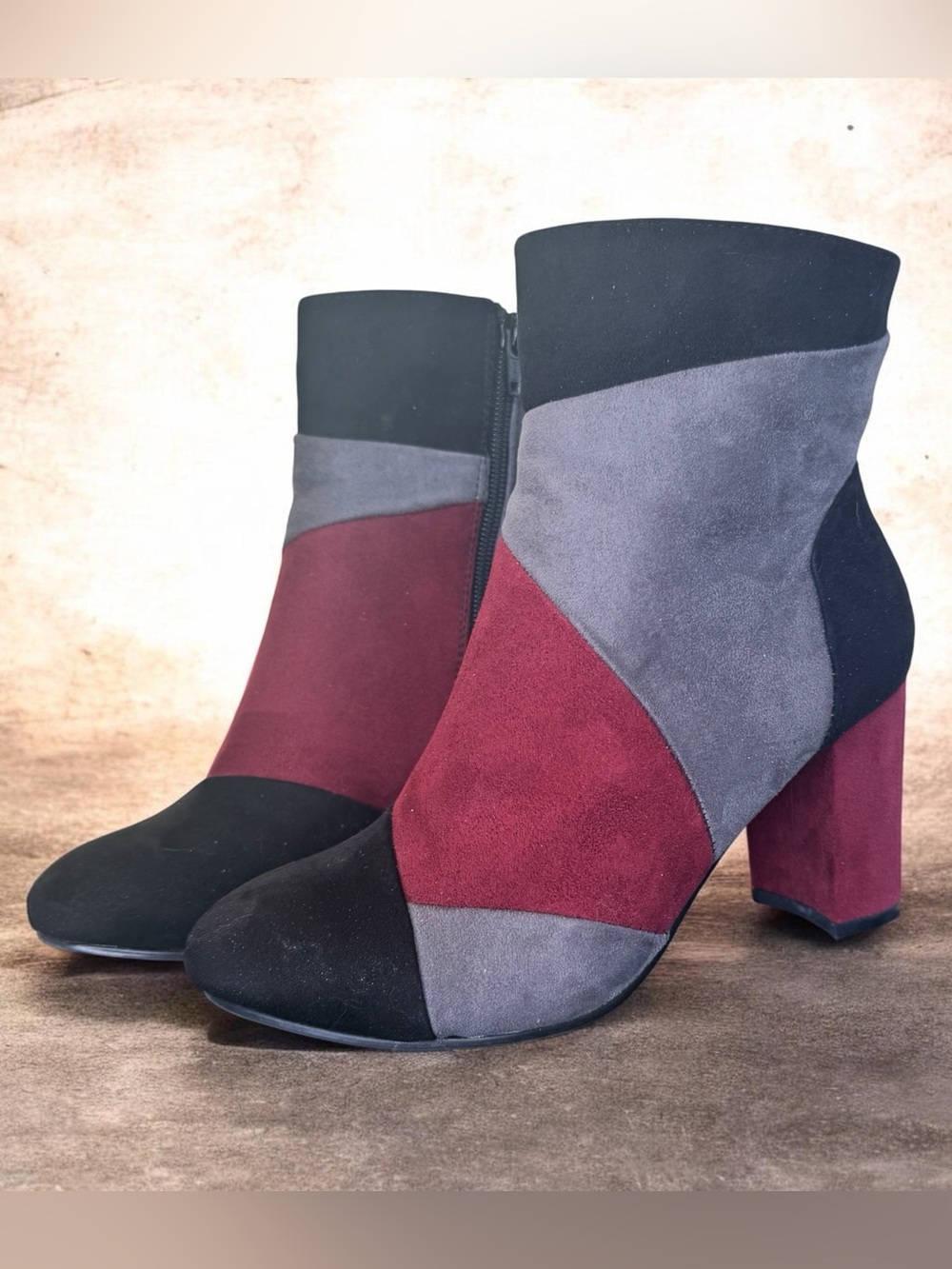 Diba Colorblock Suede Ankle Boot - Black, Gray & Burgundy - Picture 2 of 7
